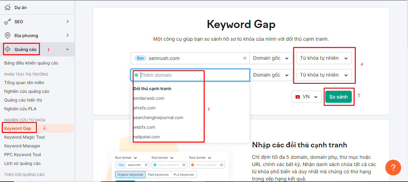 Hướng dẫn cách dùng tính năng Keyword Gap